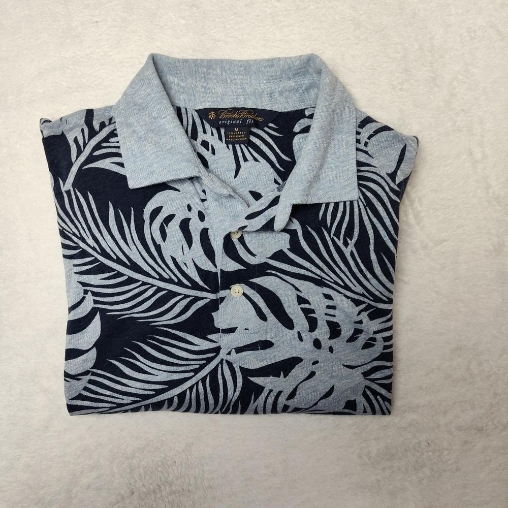 Brooks Brothers Polo Shirt Mens Medium Blue Graphic Leaf Print Cotton Linen Golf